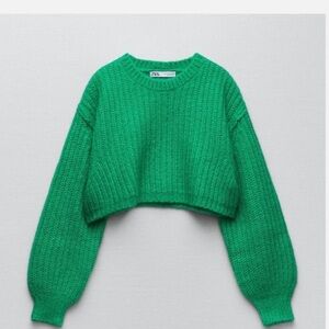 ZARA Kelly Green Chunky Knit Cropped Sweater Crewneck - Size M